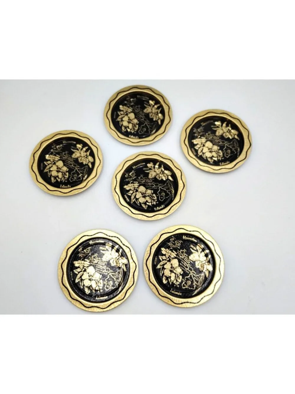 Hawaii Souvenir Metal Coaster Set 6 Vintage Gold Black Orchid Island Map 3.5